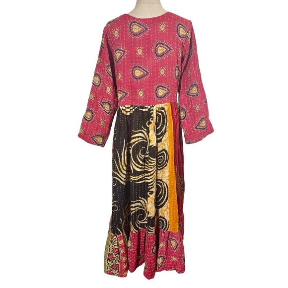 Kantha Long Sleeve Maxi Dress Handmade Boho Paisley  Patchwork - Picture 3 of 4